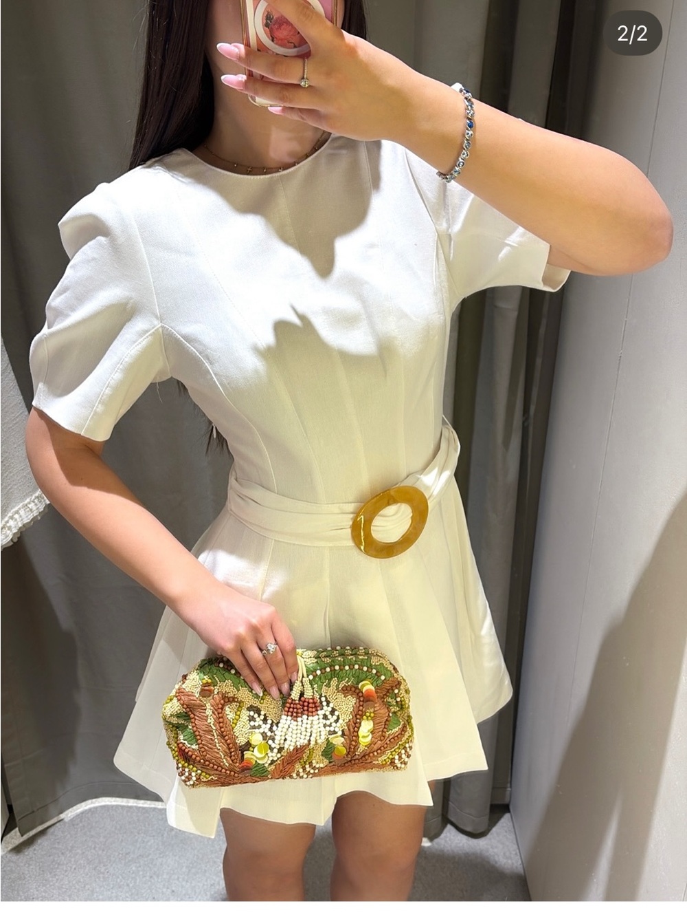 Zara White Pleated Mini Dress with Gold Ring Belt